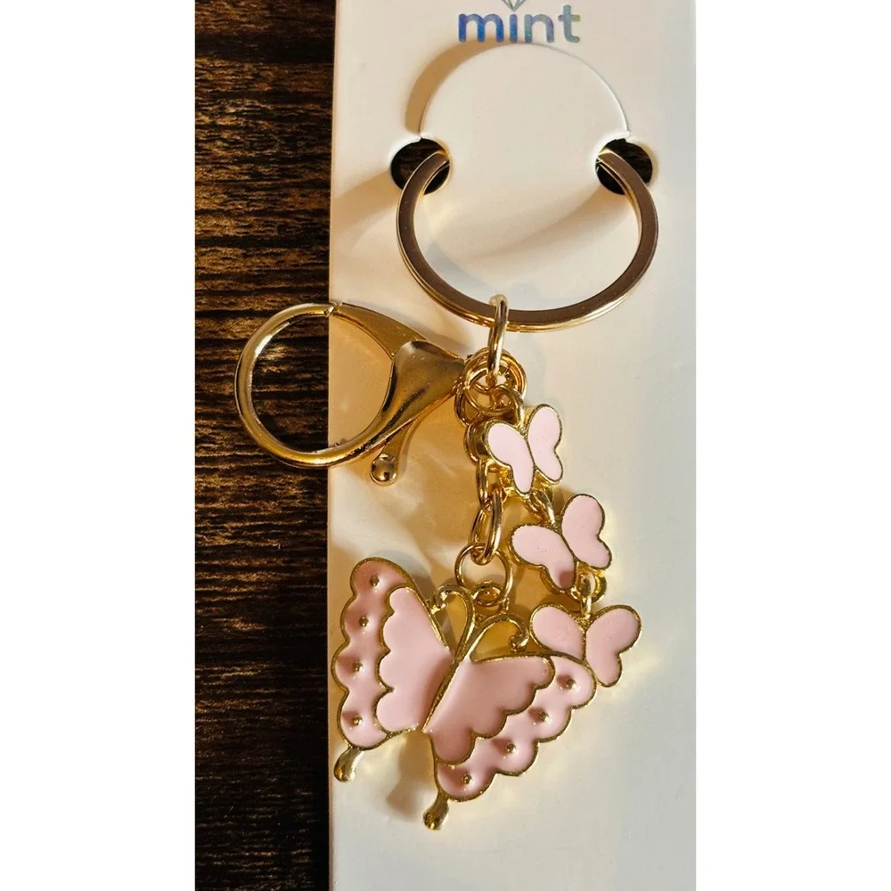 Pink Enamel Butterfly Keychain Gold Tone Lobster Clasp Bag Charm New